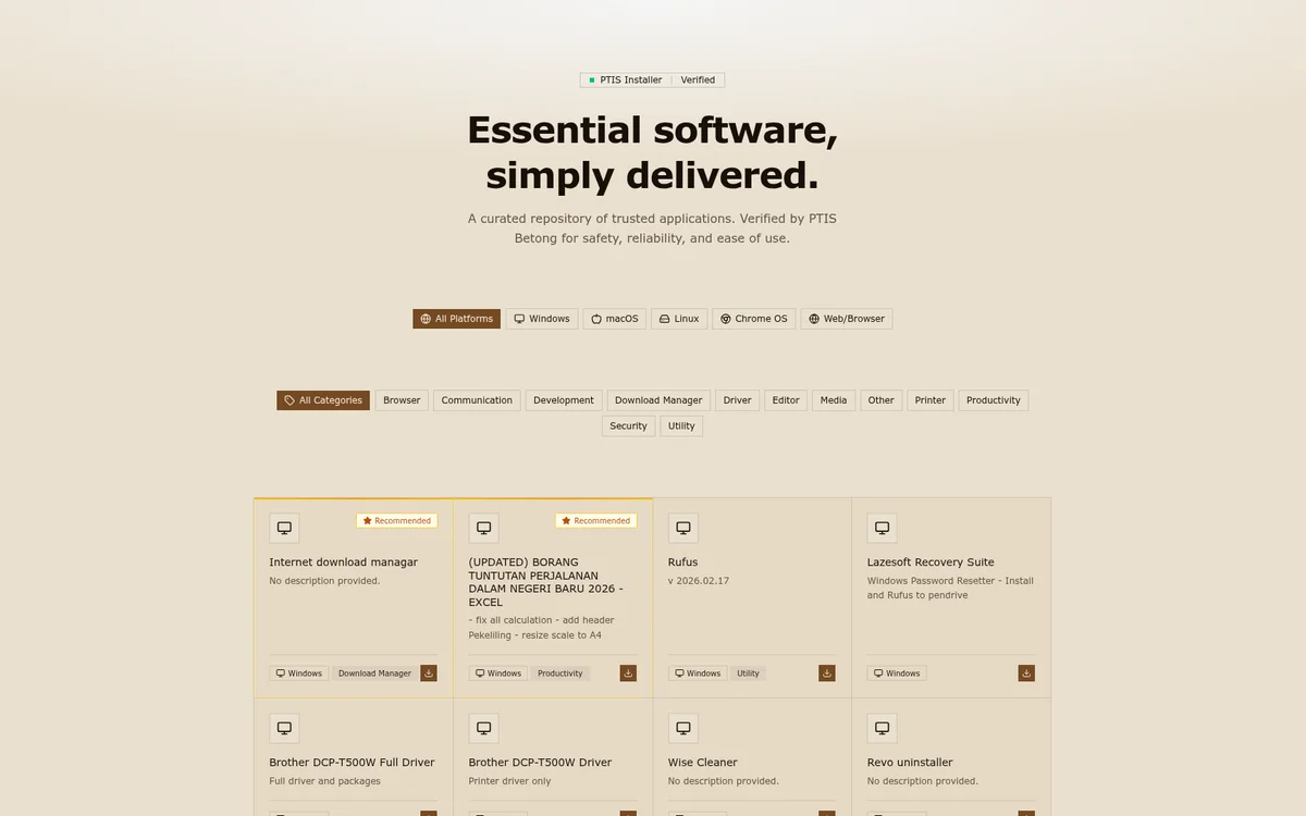 Screenshot of PTIS Installer showing software catalog